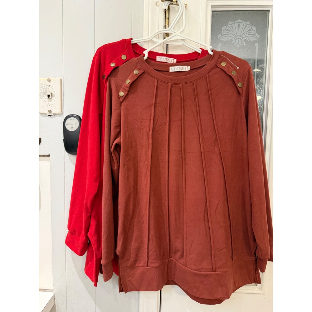 Odosali Set of 2 Pleated Button Shoulder Tunic Tops Red Terracotta Large